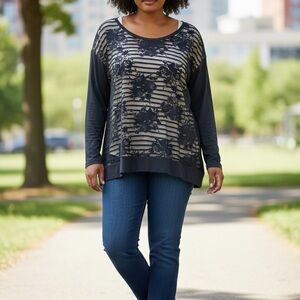 Lane Bryant Navy and Beige Striped Floral Blouse
